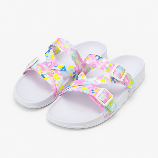 Women’s White Adjustable Sandals – Pink Floral Straps