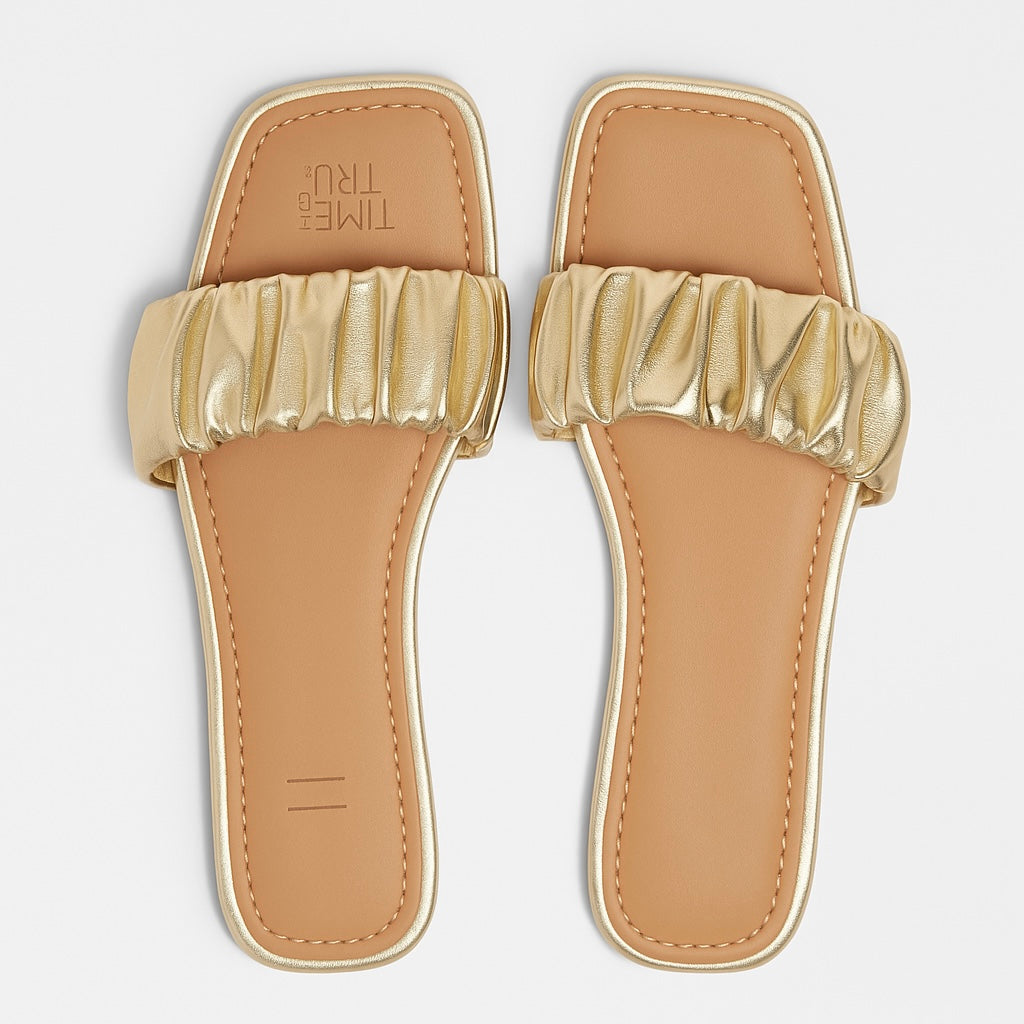 Time and Tru Gold Flat Sandals – Ruched Strap Detail